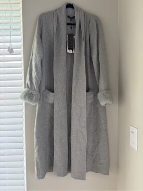 Women's Gray Open-Front Long Coat with Faux-Fur Cuffs